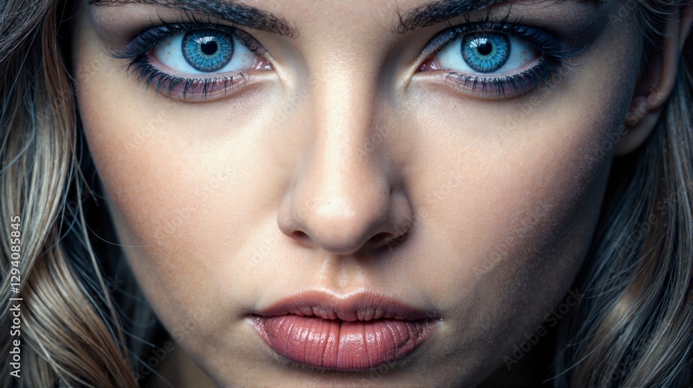 Fototapeta premium A woman with blue eyes and a pink lip