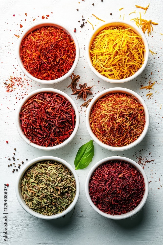 Colorful Saffron Threads in White Bowls on Rustic Wooden Surface Top View Culinary Still Life Photography Colorful Saffron Threads in White Bowls on Rustic Wooden Surface Top View Culinary Still Life Photography