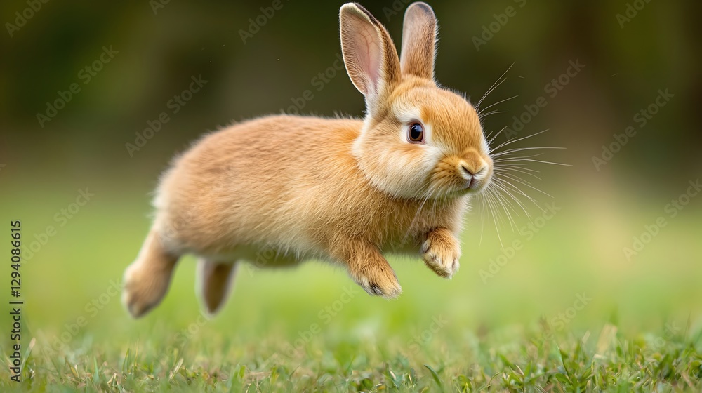 Fototapeta premium Cute Brown Rabbit Leaping Joyfully in a Lush Green Field