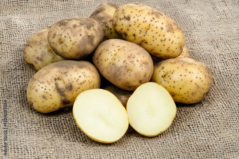 Freshly Harvested Potatoes on Burlap Sack Freshly Harvested Potatoes on Burlap Sack
