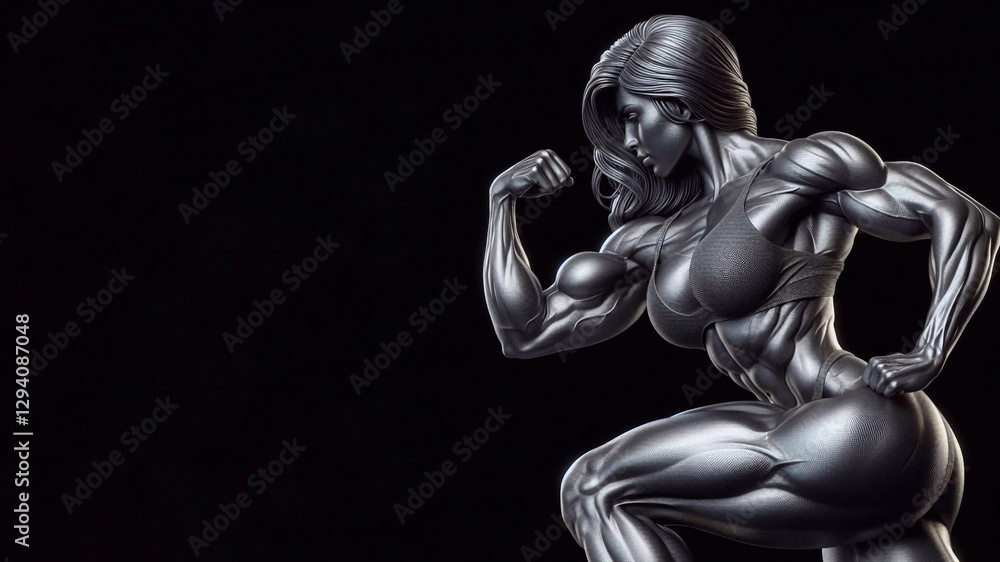3D sculpture of athletic woman, skillfully made of nickel, realistic, detailed texture. Athletic body of sports bodybuilder 3D sculpture of athletic woman, skillfully made of nickel, realistic, detailed texture. Athletic body of sports bodybuilder