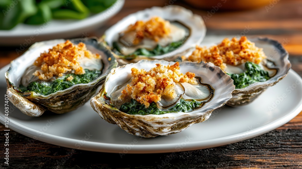 Oyster seafood appetizer grilled to perfection. Oysters baked with toppings on a white plate. Oyster seafood appetizer grilled to perfection. Oysters baked with toppings on a white plate.