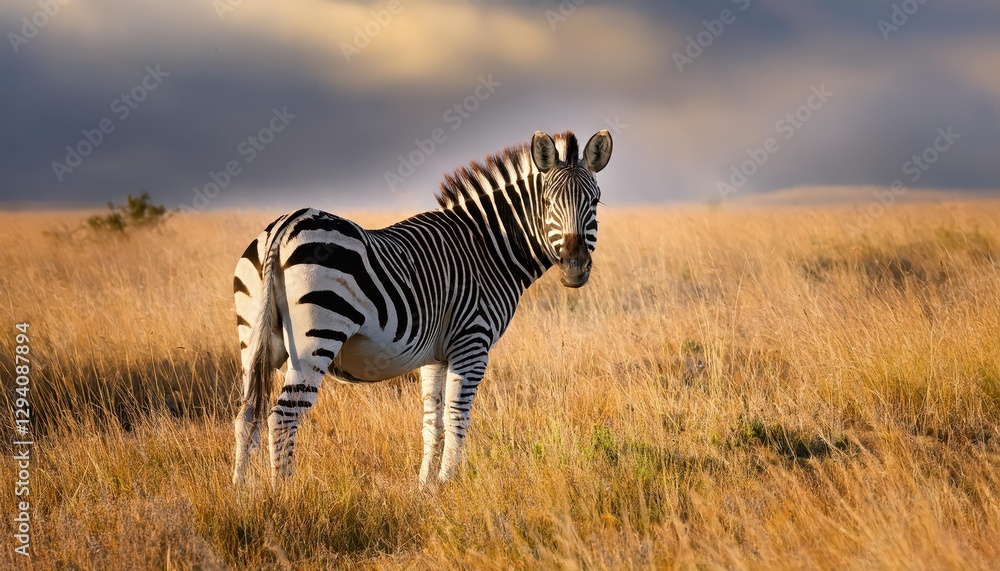 Naklejka premium Zebra in Field Majestic Stripes against Sunset Backdrop at Dusk, Showcasing Serene African Savannah in Vivid Hues.