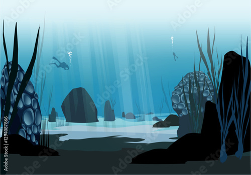 sportauchen in einer weiten Unterwasserlandschaft. meeresboden mit Seetang und Felsen
