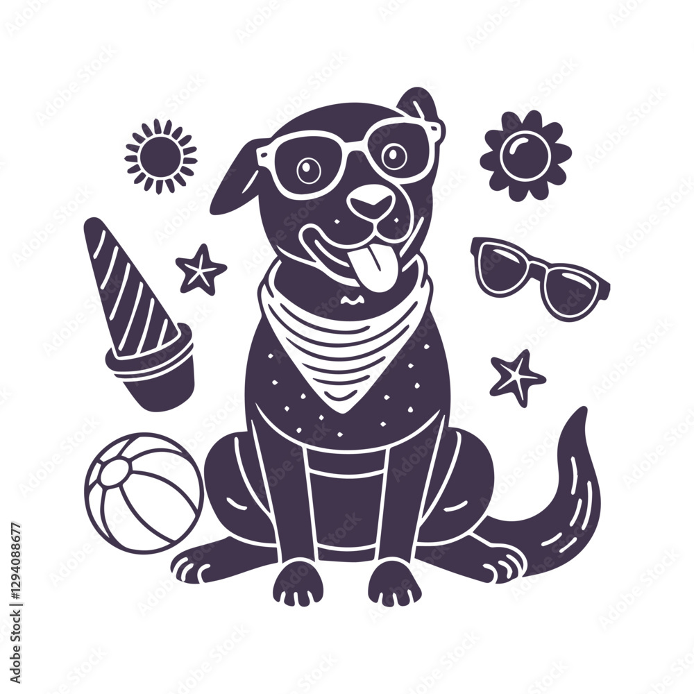 Fototapeta premium Dog Wearing Sunglasses with Beach Fun Elements — Summer Silhouette Vector Clipart Illustration