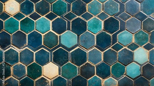 Colorful hexagonal tiles forming a decorative and textured surface pattern © Ardhana