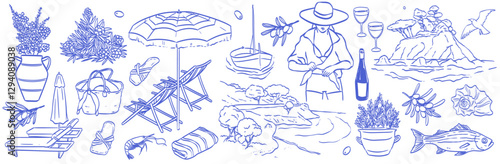 Greek or italian coastal summer vacation doodle style illustration set. Vector ink hand drawn Greece or Italy coast sea beach elements. Sea weekend or rest line art for invitations to party, wedding.