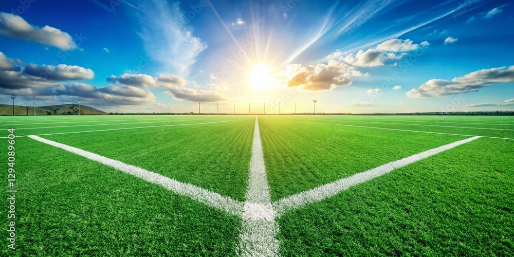 Obraz premium Lush Green Football Field with Crisp White Yard Lines - Stock Photo