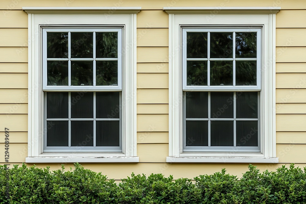 Double Hung Windows on Tan Wooden Wall with Multiple Panes of Glass Double Hung Windows on Tan Wooden Wall with Multiple Panes of Glass
