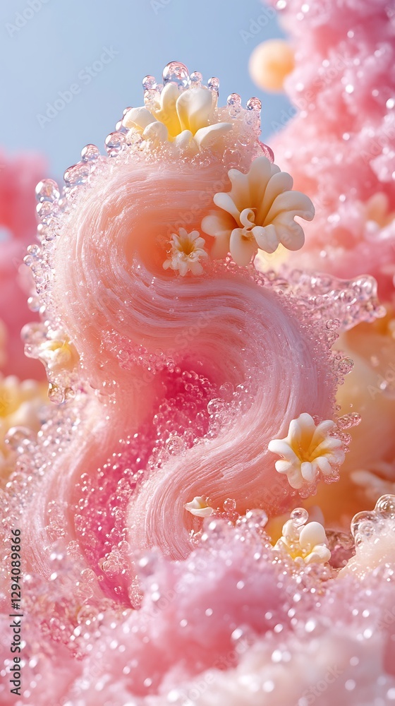 Pink floral sculpture with cascading strands and floral accents Pink floral sculpture with cascading strands and floral accents