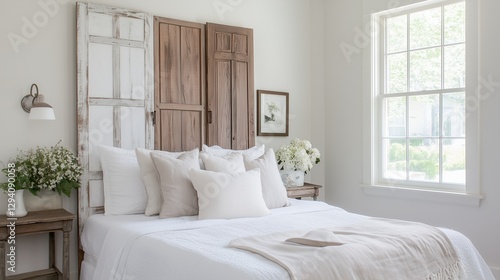 Bedroom Serenity: A beautifully designed bedroom featuring a rustic headboard, layered pillows, and a bright window, creating a serene and inviting atmosphere.