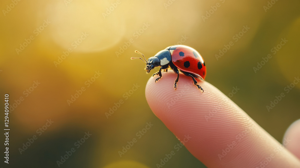 Close-Up of a Ladybug Crawling Gently on a Finger Against a Soft Blurred Background in Warm Tones, Showcasing Nature's Beauty and Delicate Details Close-Up of a Ladybug Crawling Gently on a Finger Against a Soft Blurred Background in Warm Tones, Showcasing Nature's Beauty and Delicate Details