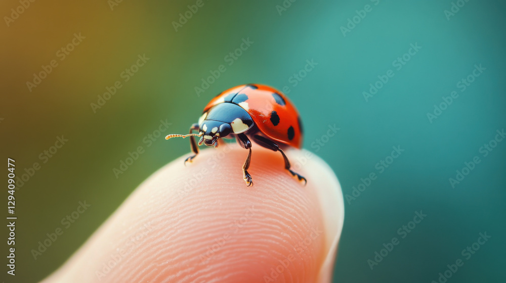 Fototapeta premium Close-Up View of a Vibrant Ladybug Crawling on a Human Finger Against a Colorful Background, Showcasing Nature's Beauty in Macro Photography