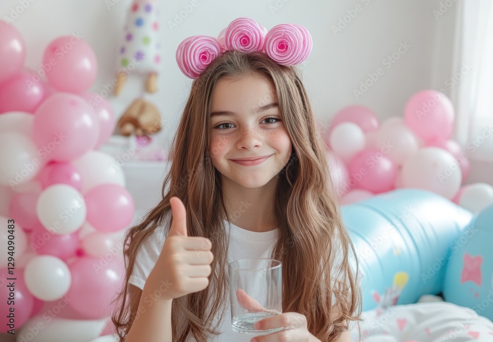 A young girl with pink curlers in her hair, holding a glass of milk and giving a thumbs-up gesture against a white background with a bed and balloons. A young girl with pink curlers in her hair, holding a glass of milk and giving a thumbs-up gesture against a white background with a bed and balloons.
