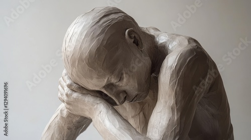 A contemplative clay sculpture depicting a human figure with arms wrapped around its head in a serene setting