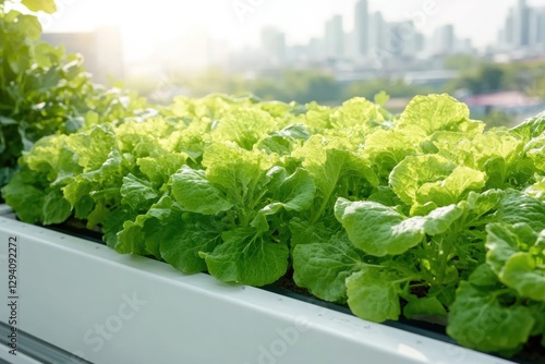 Lush green lettuce thrives in urban rooftop garden, bathed in wa