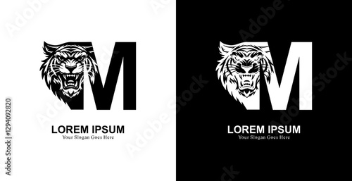 tiger head logo design with front view combined with the letter M