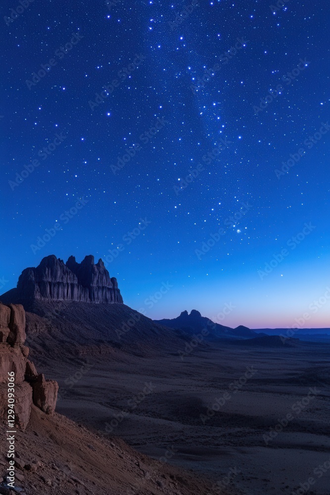 Obraz premium Majestic Desert Landscape Under a Starry Night Sky Capturing the Tranquil Beauty of Nature and the Vastness of the Universe with a Wide Angle