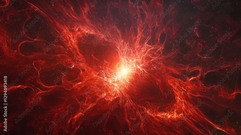 Vibrant Red Cosmic Explosion with Fiery Energy Trails in Deep Space Scene Vibrant Red Cosmic Explosion with Fiery Energy Trails in Deep Space Scene