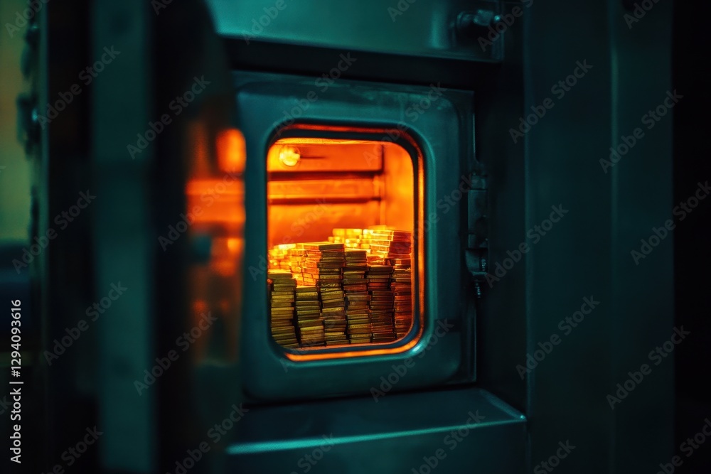 Fototapeta premium Gold Bars Stacked Neatly Inside Secure Vault with Warm Lighting