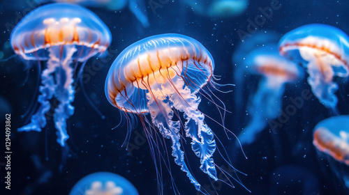 Mesmerizing Underwater Scene with Graceful Jellyfish Swimming in Deep Blue Ocean Water Surrounded by Soft Light and Bubbles Creating an Enchanting Atmosphere
