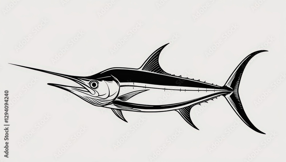 Fototapeta premium black and white marlin illustration handrawn style