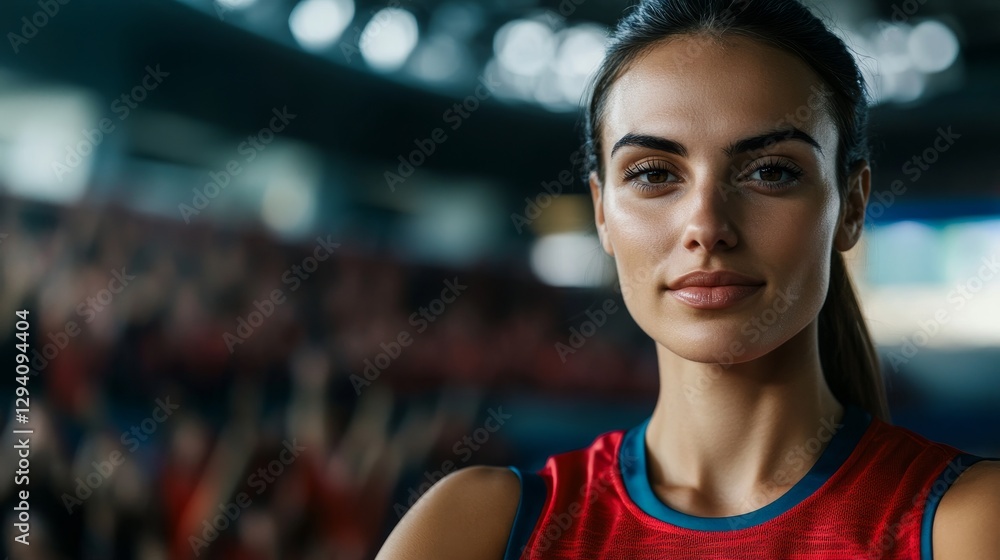 Fototapeta premium Confident Female Athlete with Bright Smile in Sports Uniform at Event Venue