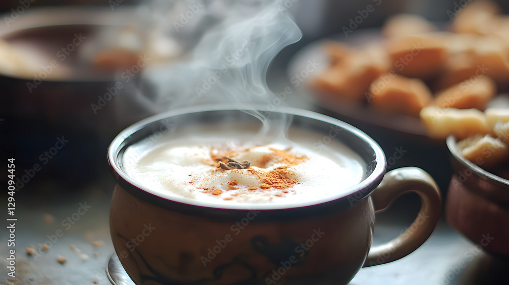 Hot Creamy Beverage in Rustic Mug with Steam Rising Decoratively Hot Creamy Beverage in Rustic Mug with Steam Rising Decoratively