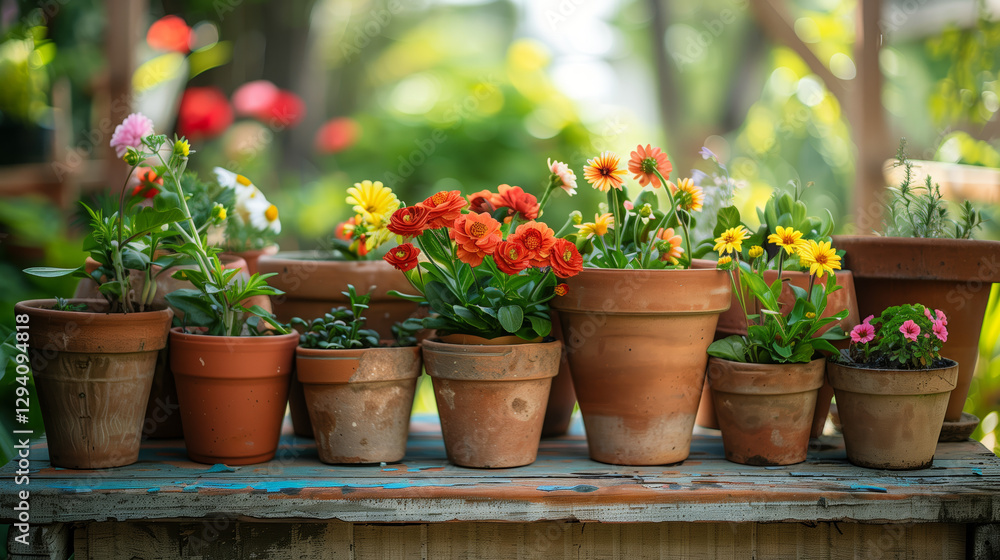 Terracotta Pots Filled with Colorful Flowers Arranged in a Row on Weathered Surface with Blured Green Garden Background Terracotta Pots Filled with Colorful Flowers Arranged in a Row on Weathered Surface with Blured Green Garden Background