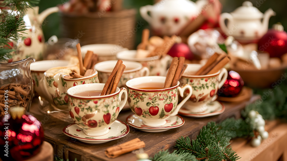 Cozy Holiday Tea Setup with Decorative Cups and Festive Accents Cozy Holiday Tea Setup with Decorative Cups and Festive Accents