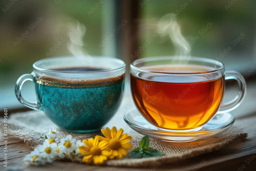 Two Cups of Steaming Tea with Flowers on Wooden Table Two Cups of Steaming Tea with Flowers on Wooden Table