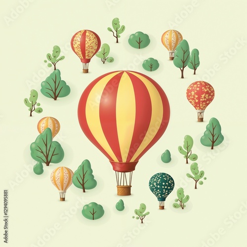 Whimsical Hot Air Balloons with Floral Patterns Against Green Trees