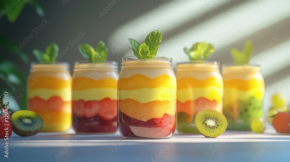 Creative Smoothie Jars with Colorful Fruit Layers Creative Smoothie Jars with Colorful Fruit Layers