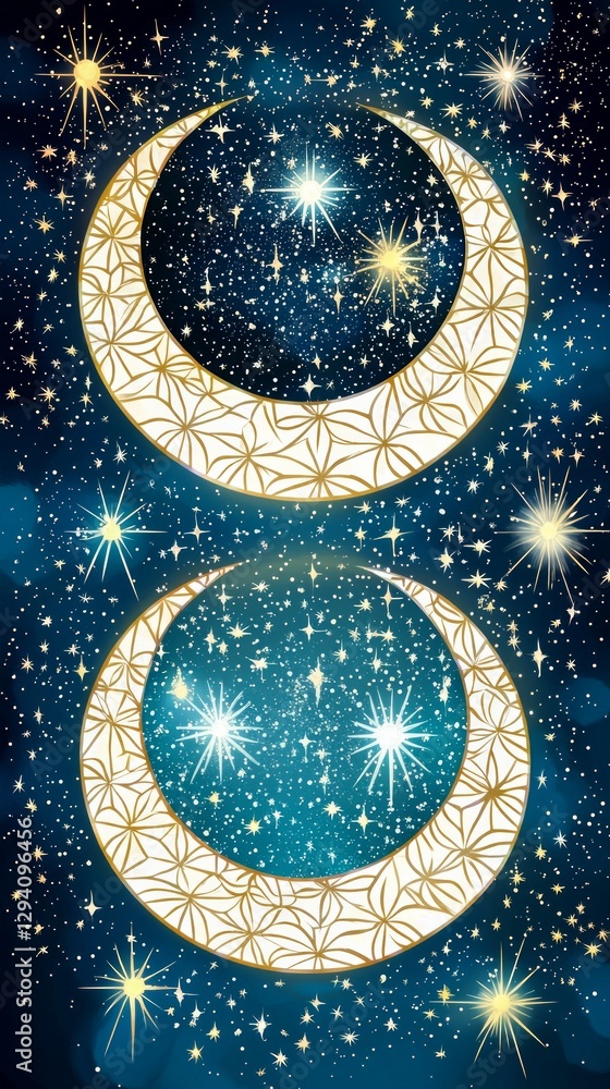 Naklejka premium Mystical celestial moon aura. A celestial design featuring two crescent moons against a starry background, decorated with intricate patterns and surrounded by sparkling stars.