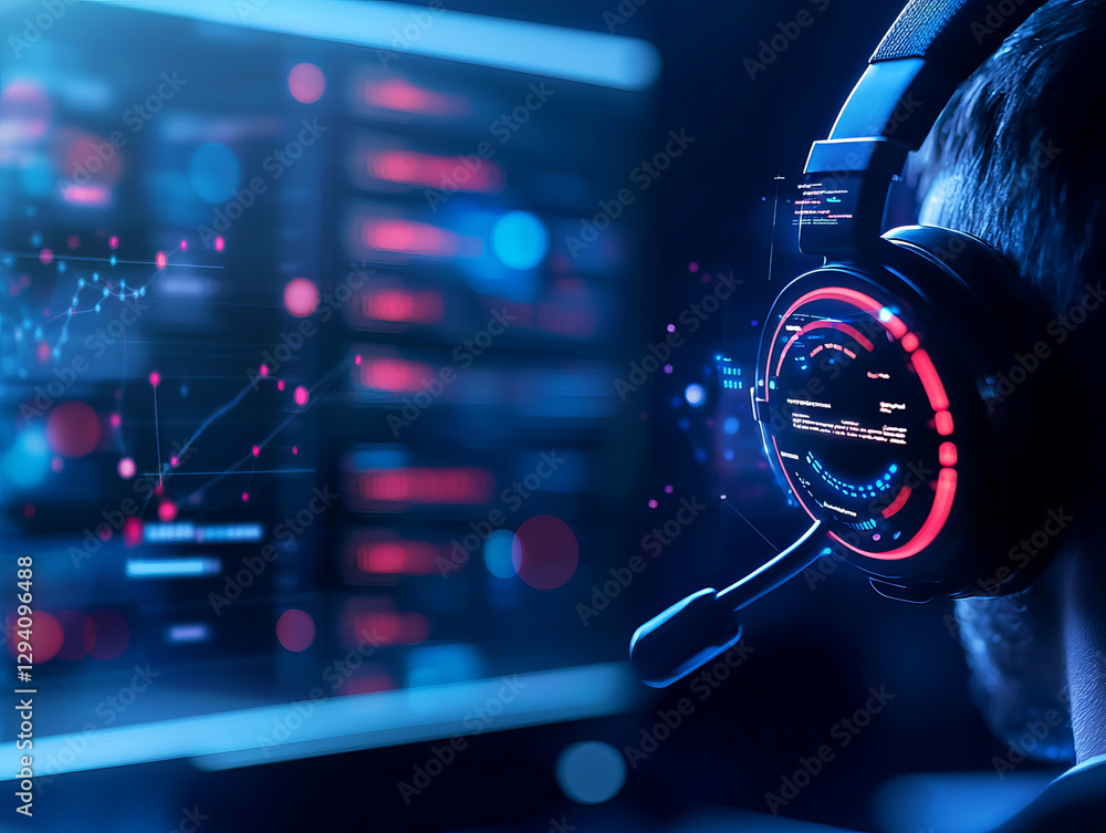 Fototapeta premium Futuristic support center with AI technology, analyzing data and trends