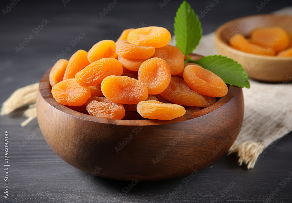 Wooden bowl filled with dried apricots on a gray concrete surface Wooden bowl filled with dried apricots on a gray concrete surface