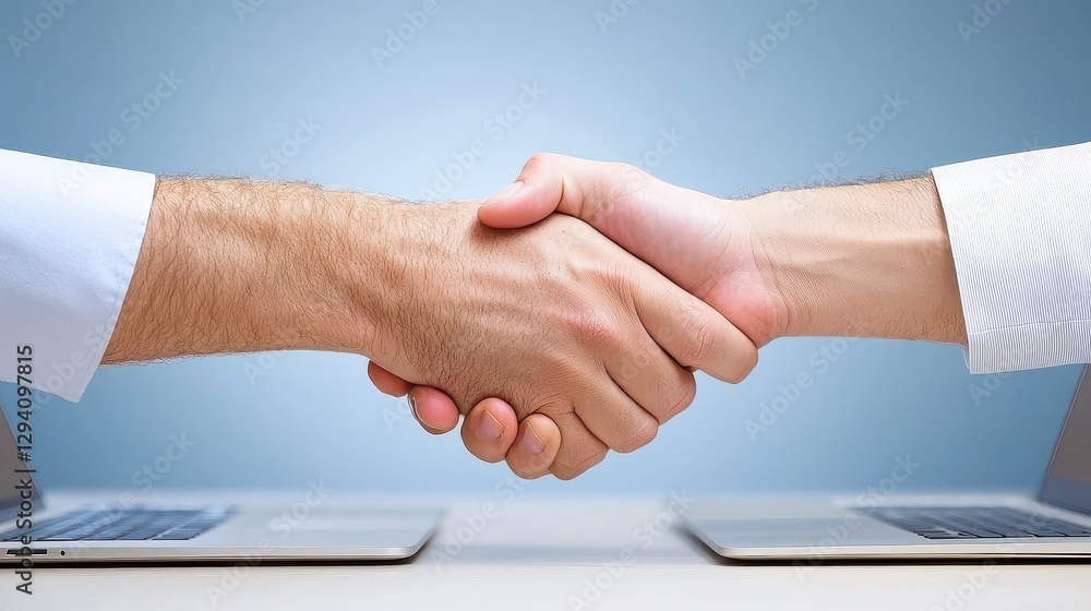 Obraz premium Business partners shaking hands after a successful negotiation in a modern office environment.