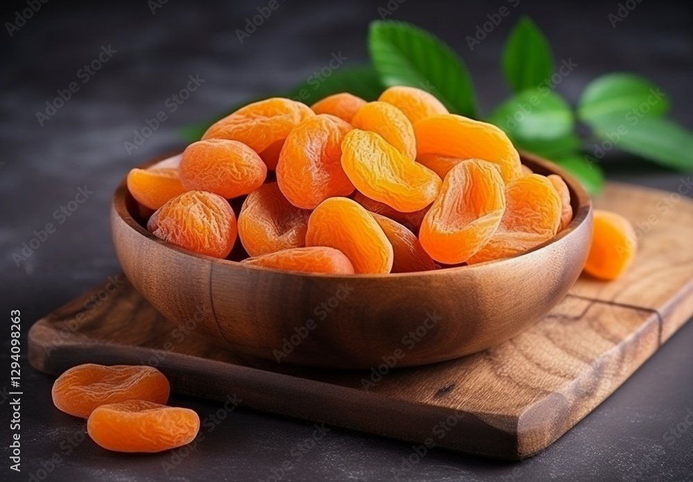Dried apricots in a wooden bowl on a gray concrete background Dried apricots in a wooden bowl on a gray concrete background