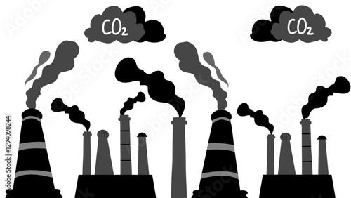 air pollution illustration concept. Air pollution symbols and icons. Illustration of Factory Air Pollution, CO2 Smoke Clouds that Damage Oxygen