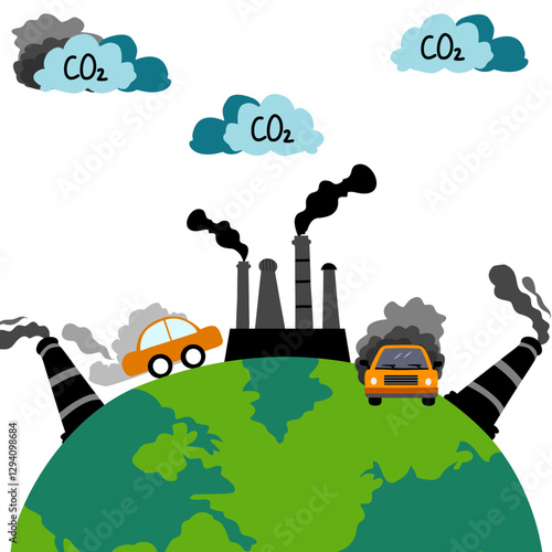 air pollution illustration concept. Air pollution symbols and icons. Illustration of Factory Air Pollution, CO2 Smoke Clouds that Damage Oxygen