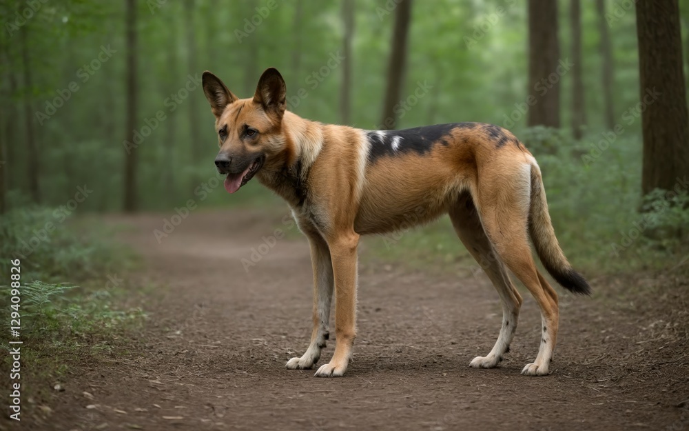 A beautiful wild dog exploring the dense forest, blending with nature A beautiful wild dog exploring the dense forest, blending with nature