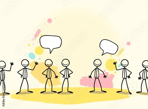 an image of a group of stick figures with speech bubbles, there is a group of stick figures standing in a line with speech bubbles photo