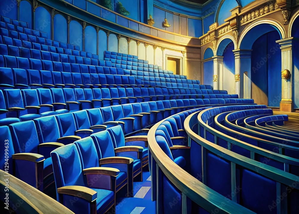 Obraz premium Luxurious Blue Chairs in Classical Theatre Auditorium - Stock Photo
