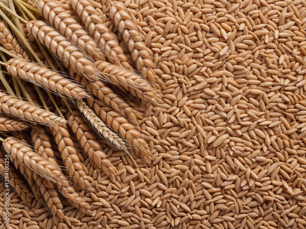 Close-up of wheat grains and wheat ears, beautifully arranged from a top view Close-up of wheat grains and wheat ears, beautifully arranged from a top view