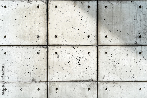 Warm off white concrete wall with faint natural variations and texture, featuring grid of square panels with circular holes, creating modern and industrial aesthetic