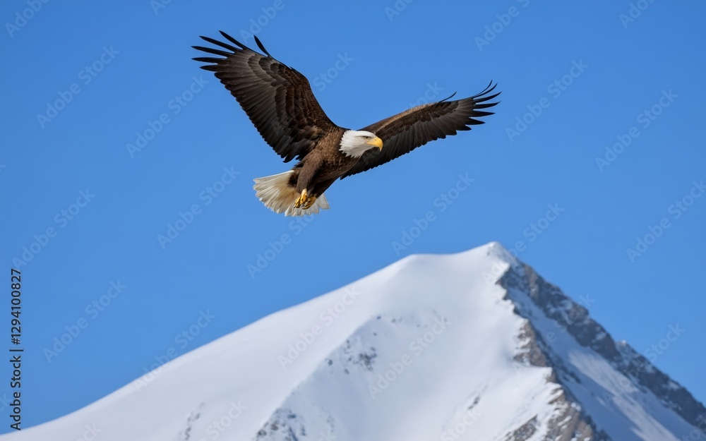 Obraz premium An eagle soaring high above a mountain peak, capturing the essence of freedom