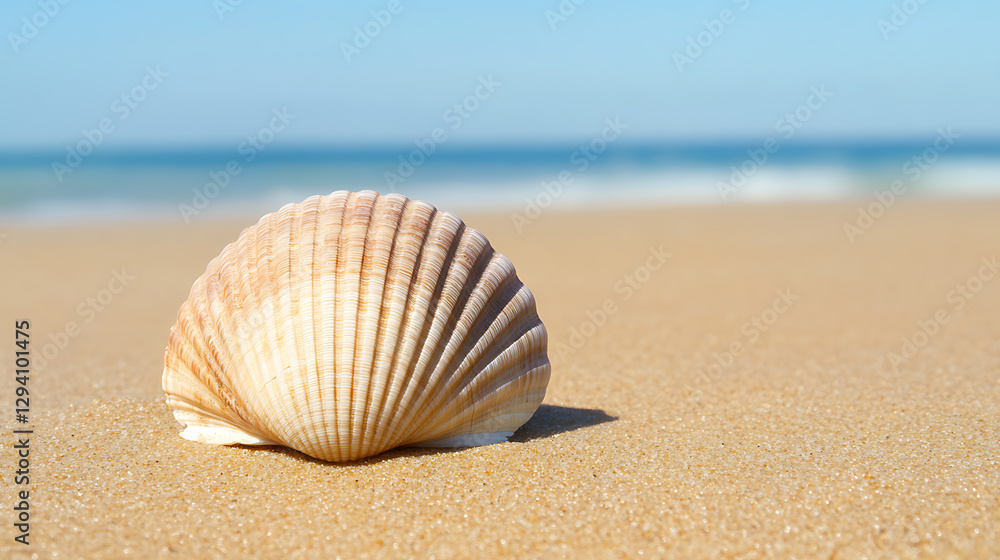 Seashell on a serene sandy beach, kissed by the sun's warmth, with the ocean's blue hue in the background. Perfect for a coastal getaway advertisement. Seashell on a serene sandy beach, kissed by the sun's warmth, with the ocean's blue hue in the background. Perfect for a coastal getaway advertisement.
