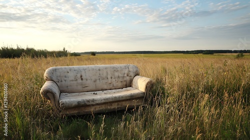 Mans disregard for nature a sofa abandoned in the middle of a field showcasing a lack of environmental consciousness