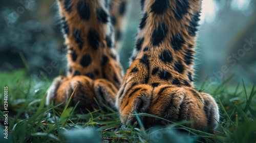 Leopard paws with distinct spots tread softly on dew kissed grass in a serene setting, surrounded by nature under a soft fog in the early morning light. photo