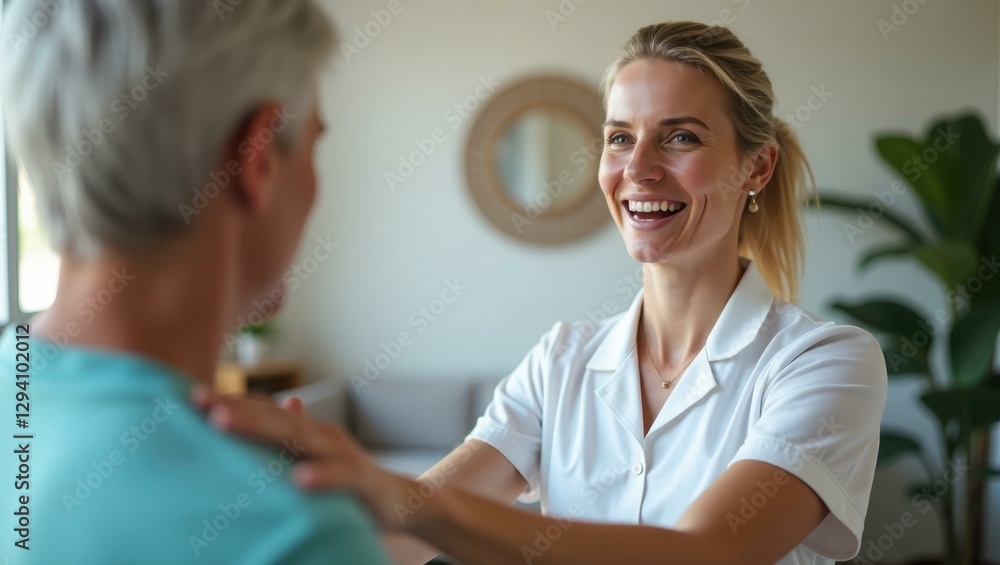 Woman is smiling while she is getting her hair done Woman is smiling while she is getting her hair done
